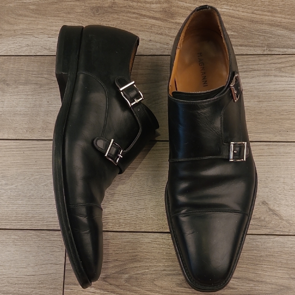 MAGNANNI Black Leather Double Monk Strap Sz 10 M Slip On‎ Dress Shoes
